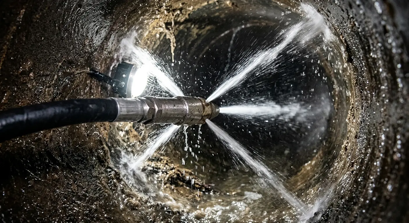 High-pressure hydro jetting nozzle cleaning sewer pipe for Sewer Line Relining in Bradfordville