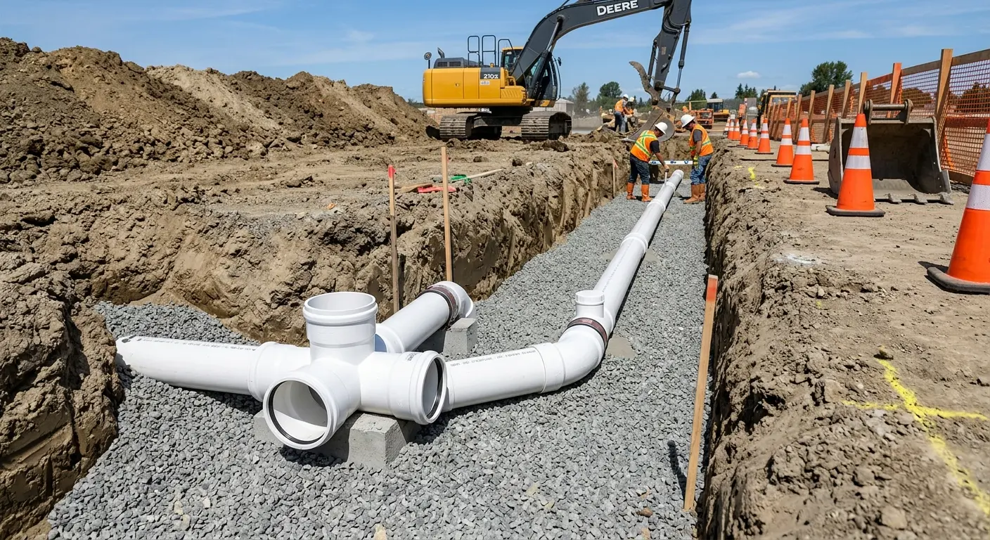 New PVC sewer pipe installation in open trench for Grease Trap Cleaning in Bradfordville
