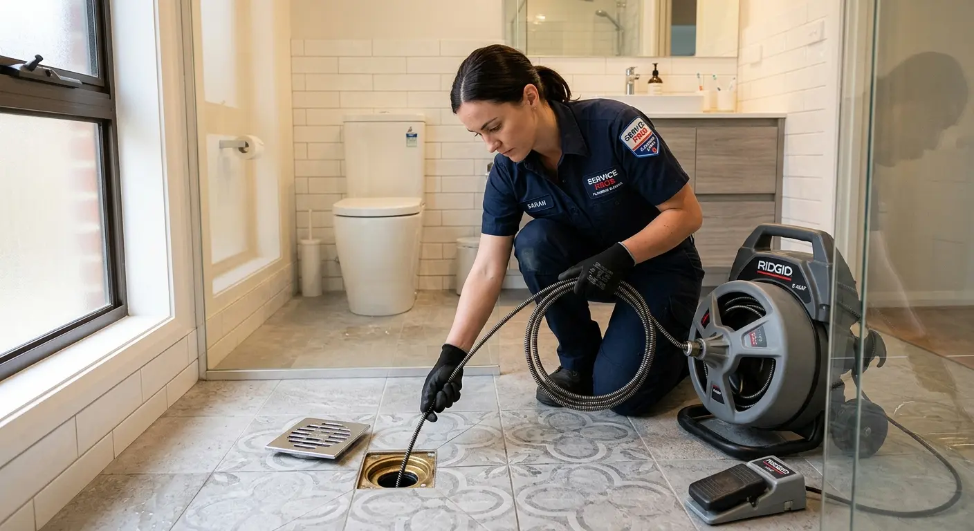 Technician clearing a bathroom floor drain for Hydro Jetting in Bradfordville